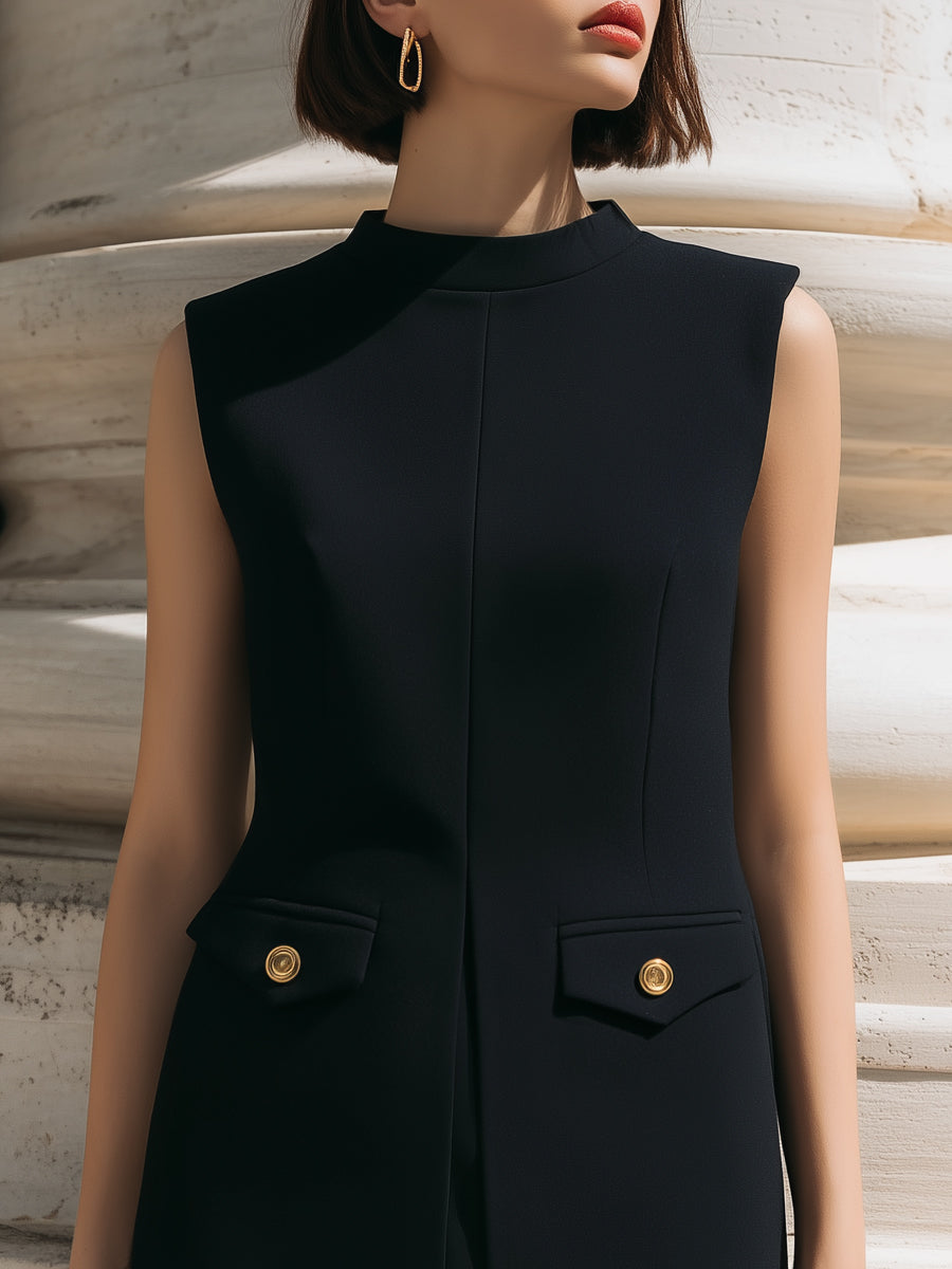 Structured Sleeveless Tailored Midi Dress With Button Accents