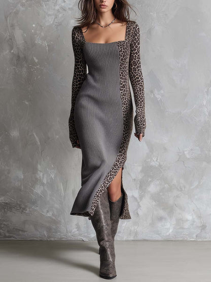 Leopard Print Patchwork Ribbed Knit Midi Dress