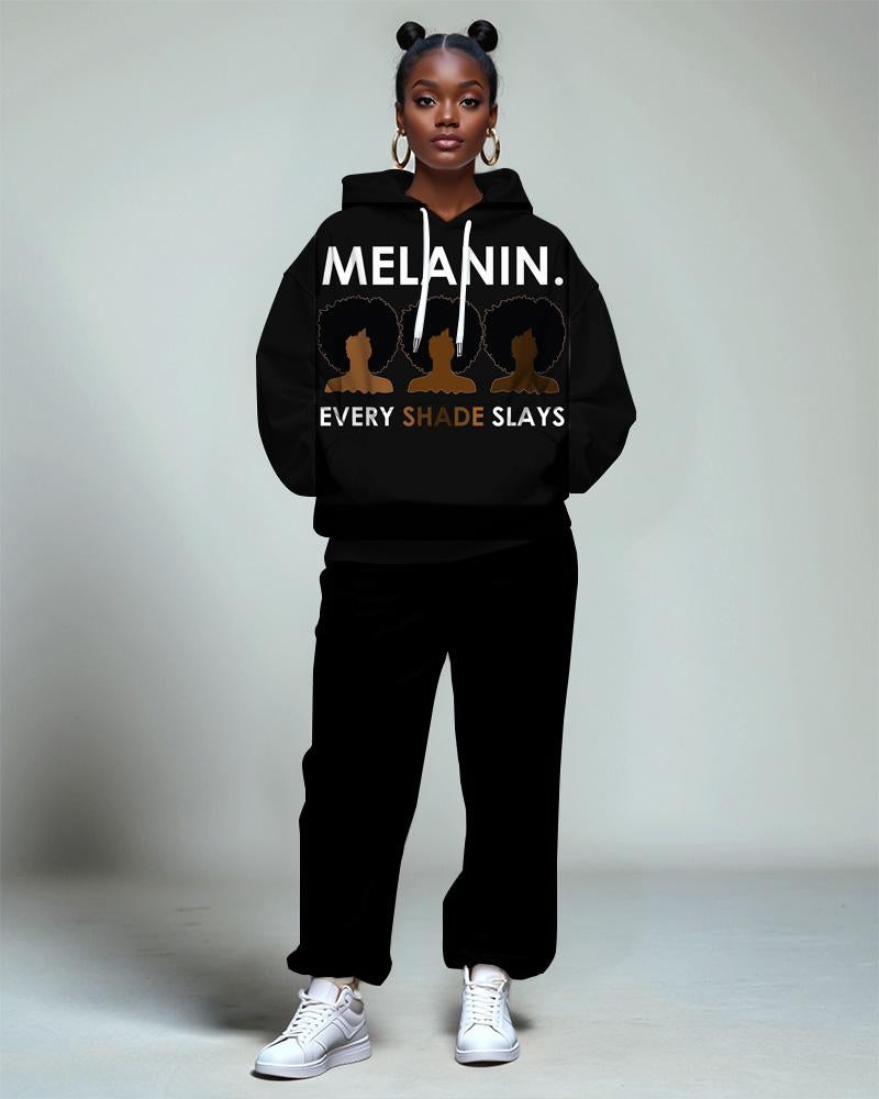 Melanin Letter Portrait Print Hoodie and Solid Color Casual Pants Set