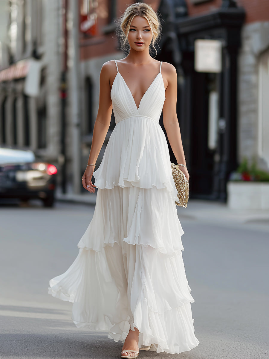 Tiered V-Neck Spaghetti Strap Maxi Dress