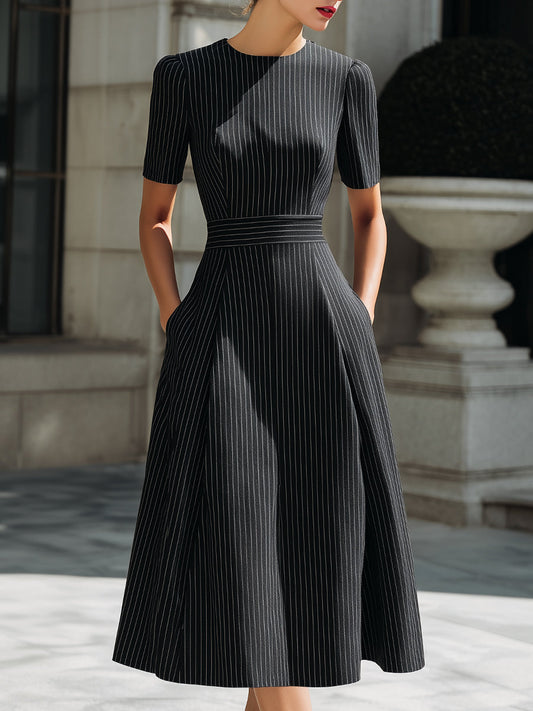 Tailored Pinstripe Fit-and-Flare Midi Dress