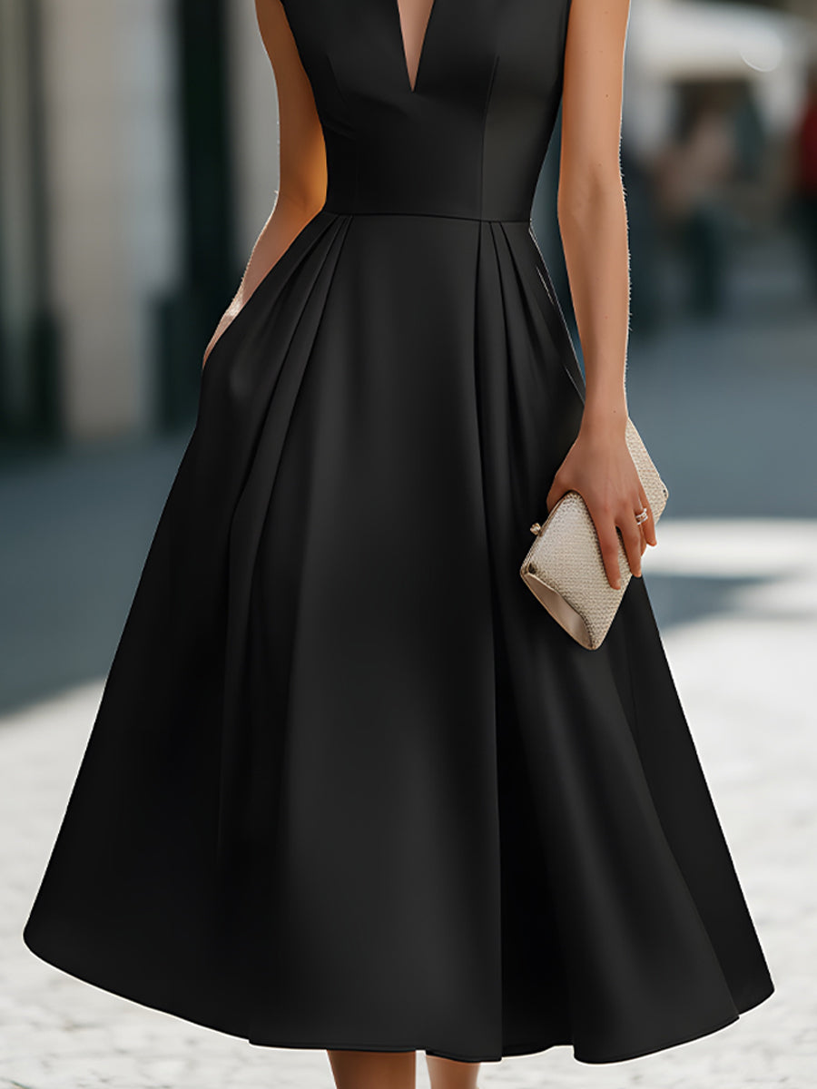 Cap-Sleeve Deep V-Neck Pleated Midi Dress