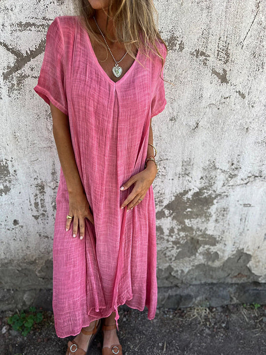 V-neck Cotton Linen Beach Maxi Dress