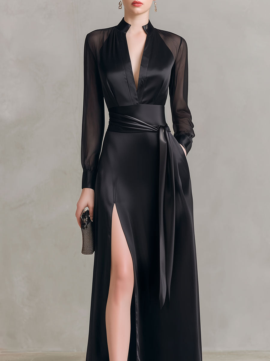 Elegant Black Satin Sheer-Sleeve High-Slit Evening Gown