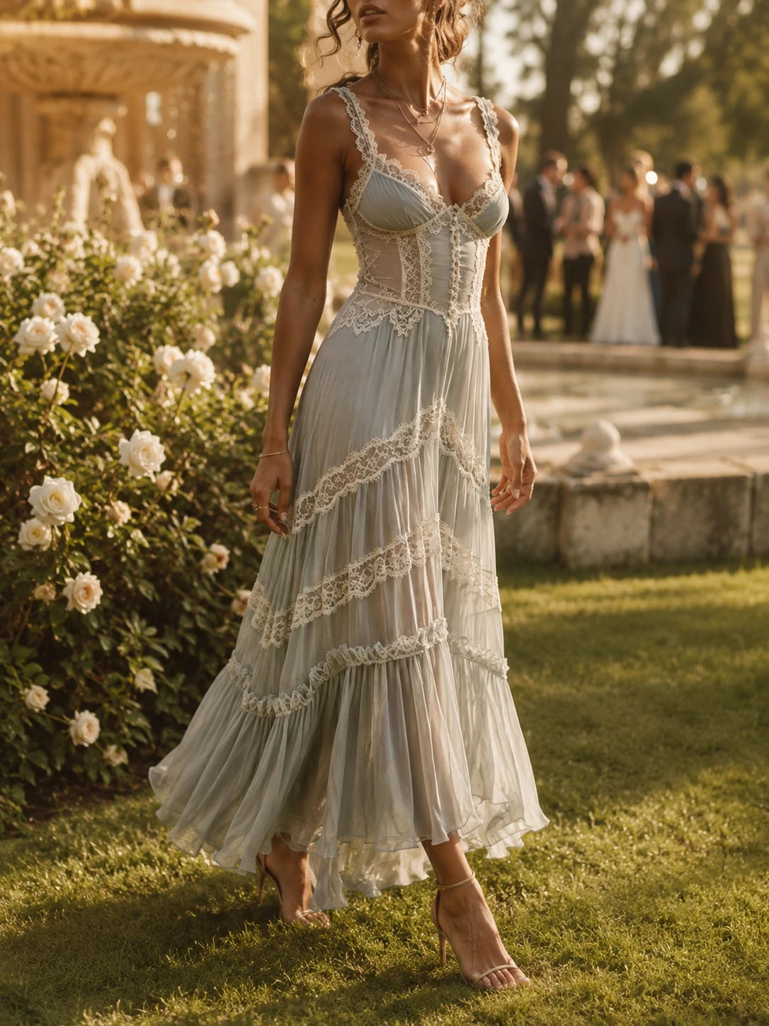 Women Spaghetti Strap Lace Corset Tiered Chiffon Midi Maxi Dress