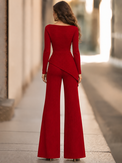 Elegant Ribbed Knit Asymmetric Peplum Top And Wide-Leg Pants Two-Piece Set