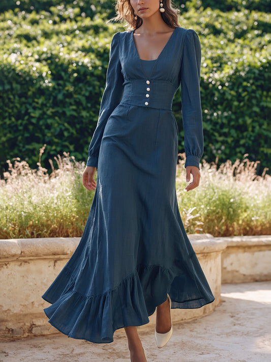 Maxi Cotton Dress, Long Sleeves, V Neck, Plain, Button Design, Vintage, Dark_blue