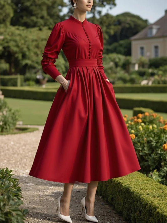 Linen Maxi Dress, Long Sleeves, Stand Collar,  Belt, Red，Broochless，Vintage