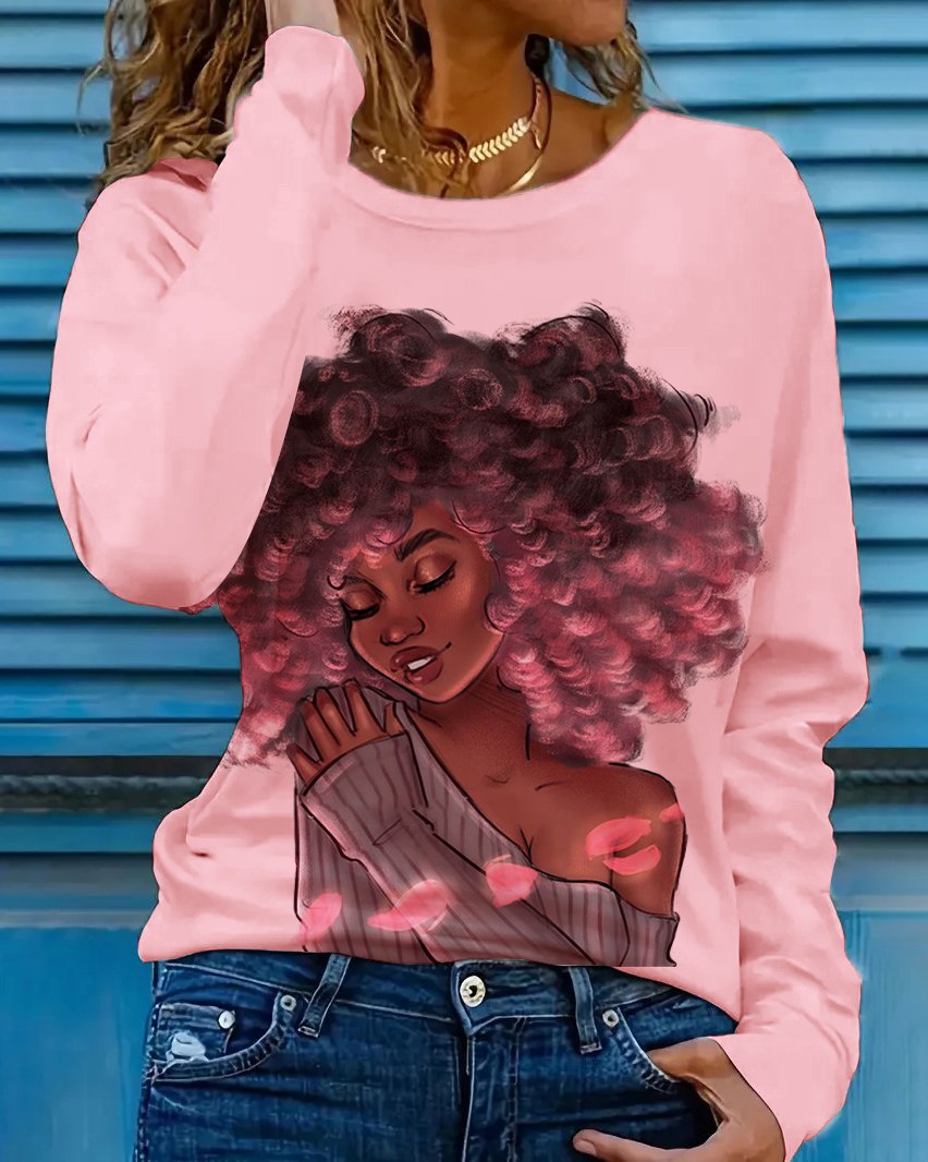 Happy Brown Curly Girl Long Sleeve T-shirt