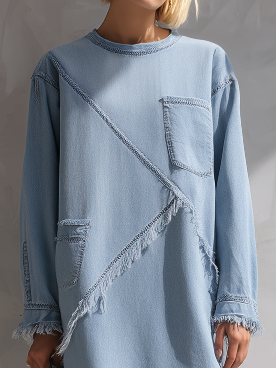 Light Blue Raw-Edge Denim Mini Dress