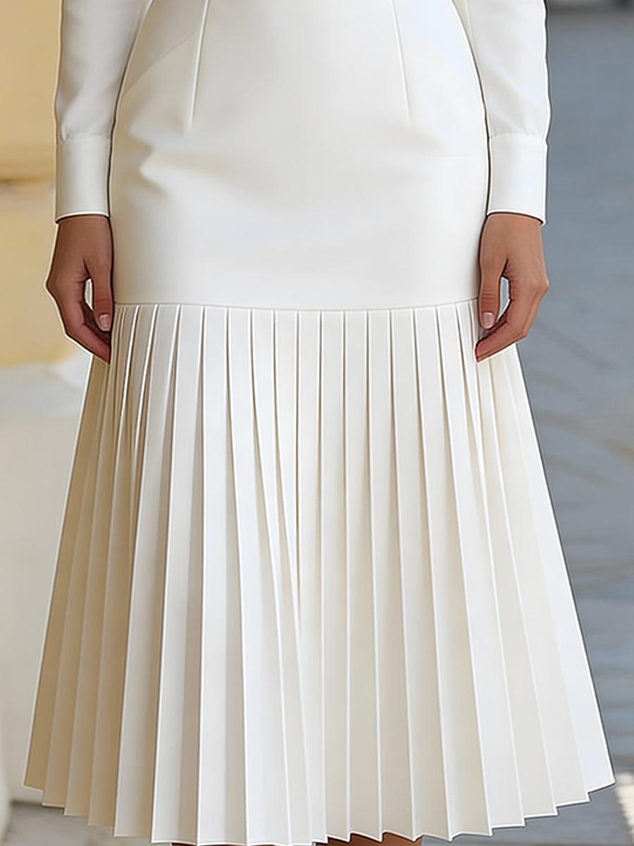 High-Neck Belted Long-Sleeve Pleated Midi Dress