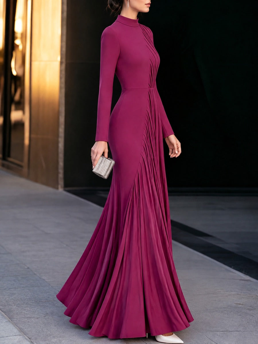 Asymmetric Pleated High-Neck Maxi Evening Dress
