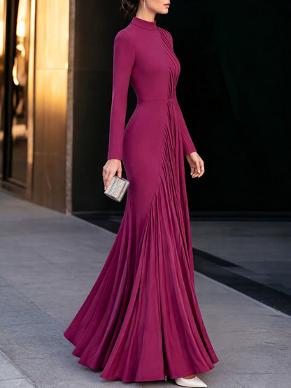 Asymmetric Pleated High-Neck Maxi Evening Dress