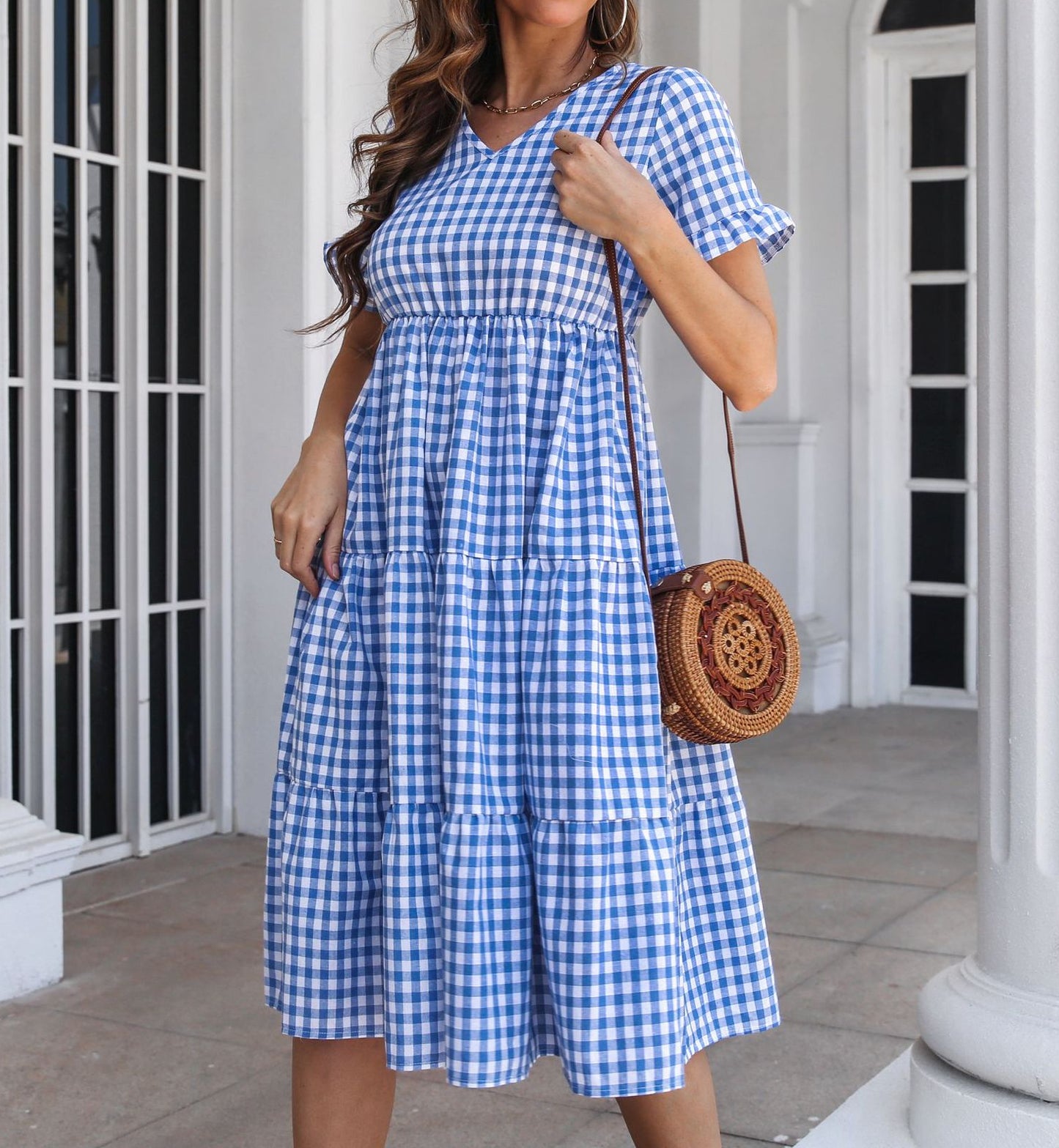 Ruffled V-neck Short Sleeve Large Swing Dress