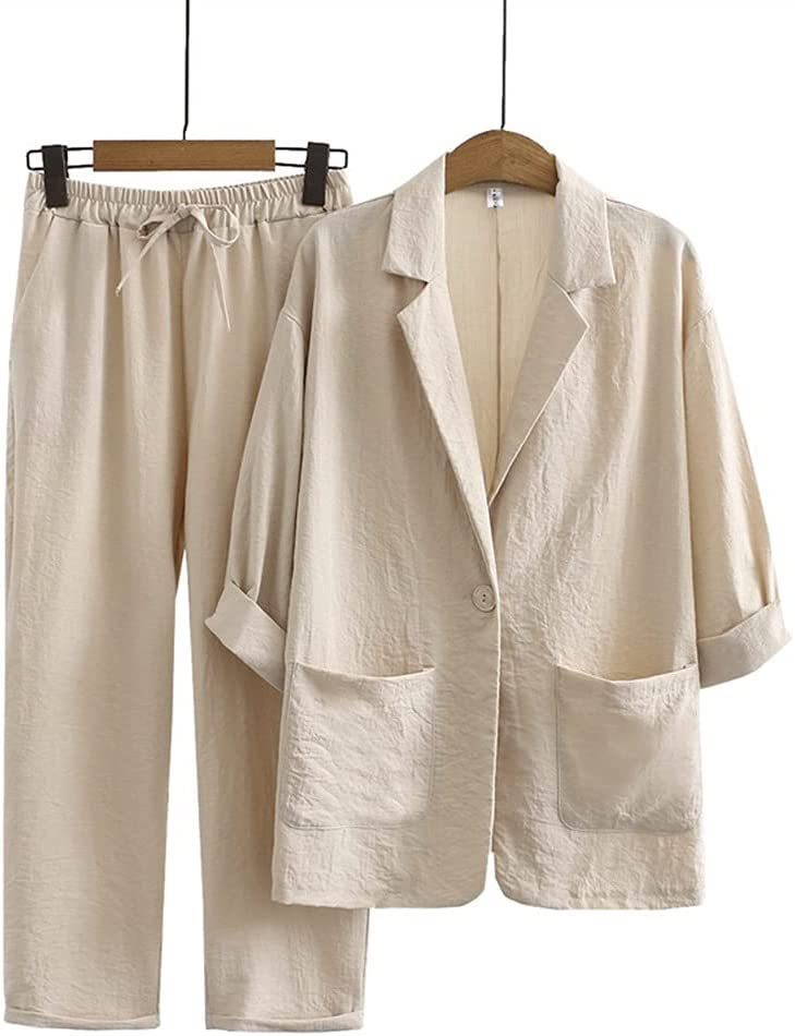 Autumn casual cotton and linen suit top+pants two-piece set