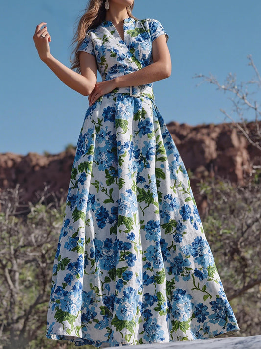 Maxi Linen Dress , Short Sleeves, V Neck, Floral, Belt Design, Vintage, Blue