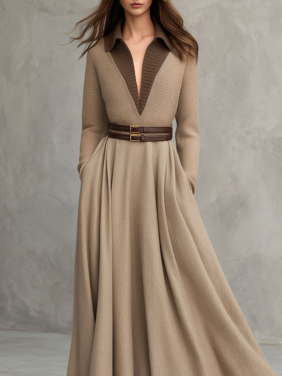 Elegant A-Line Contrast Lapel Long Camel Wool Coat Dress