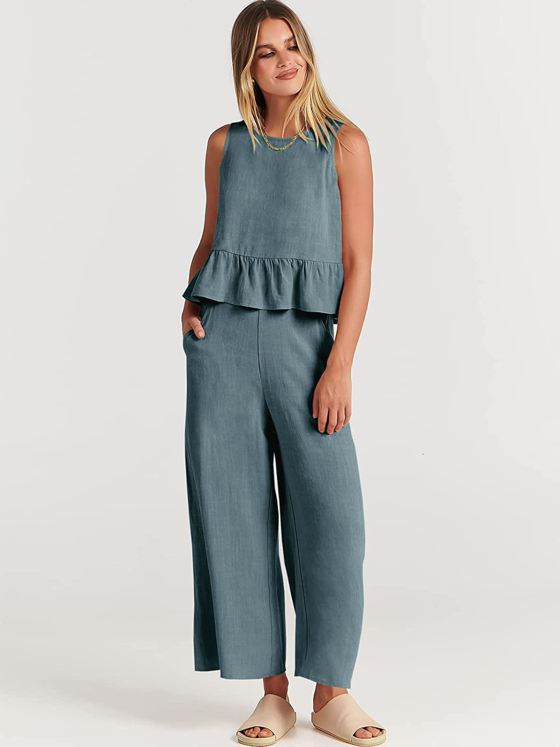 Sleeveless Pleated Vest Wide-Leg Cropped Pants Casual Suit