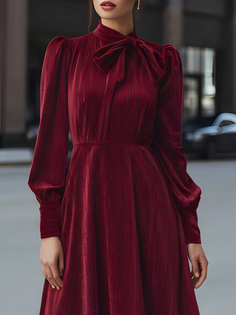 Velvet Pleated Bow-Neck Midi Dress