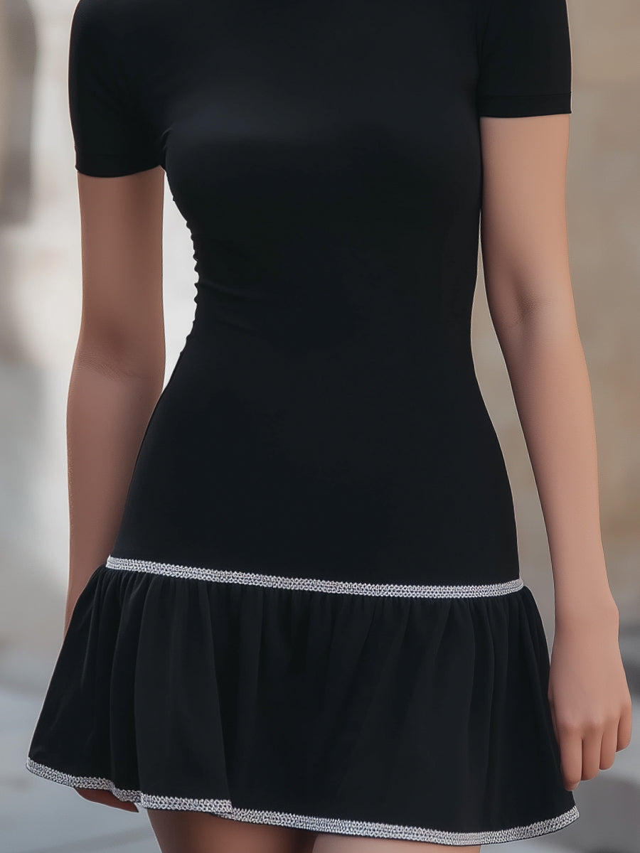 Chic Contrast Trim Mock Neck Ruffle Hem Dress