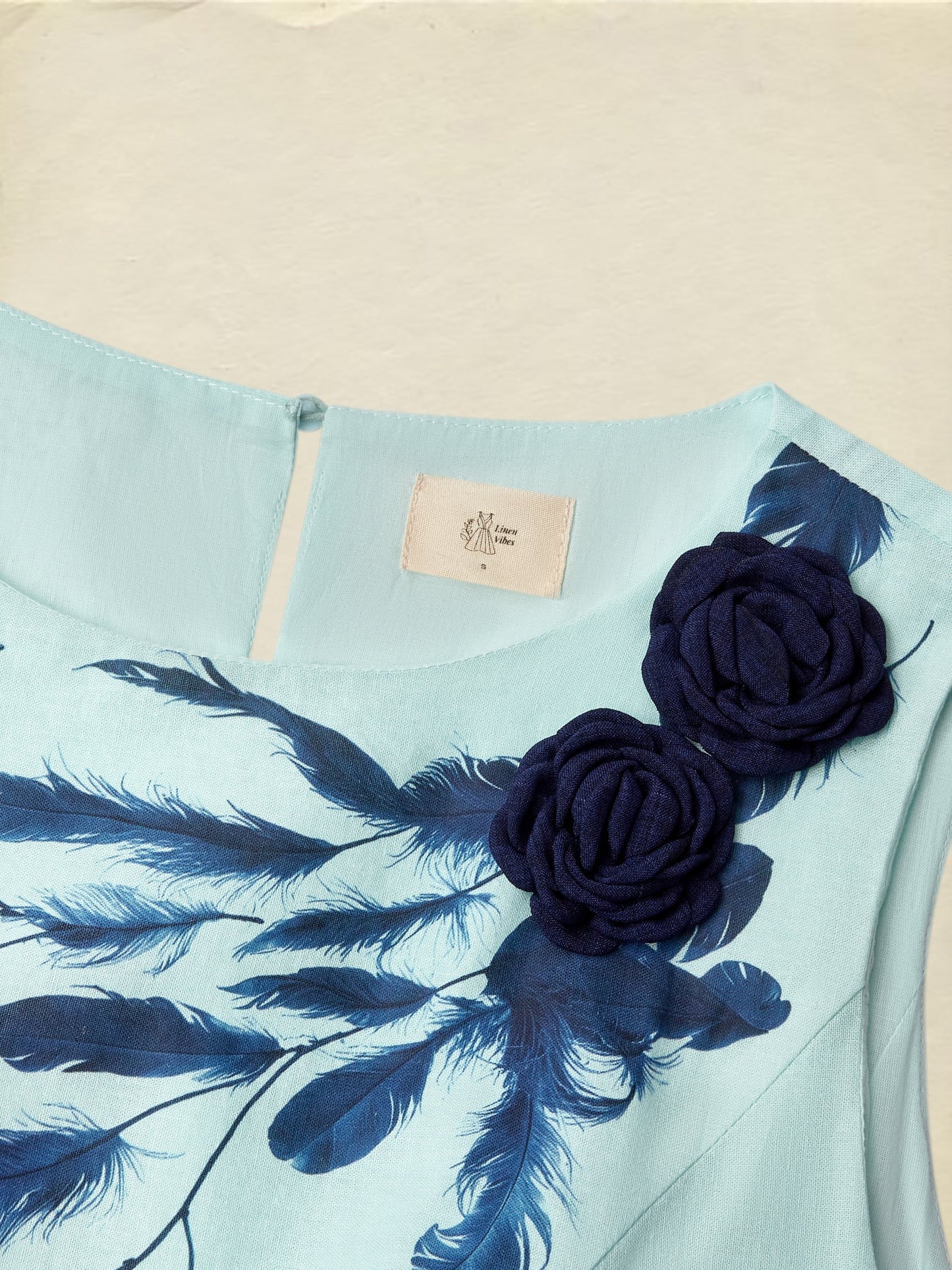 Maxi Linen Dress , Sleeveless, Round Neck, Feather Pattern, Pocket Design, Vintage, Sky Blue