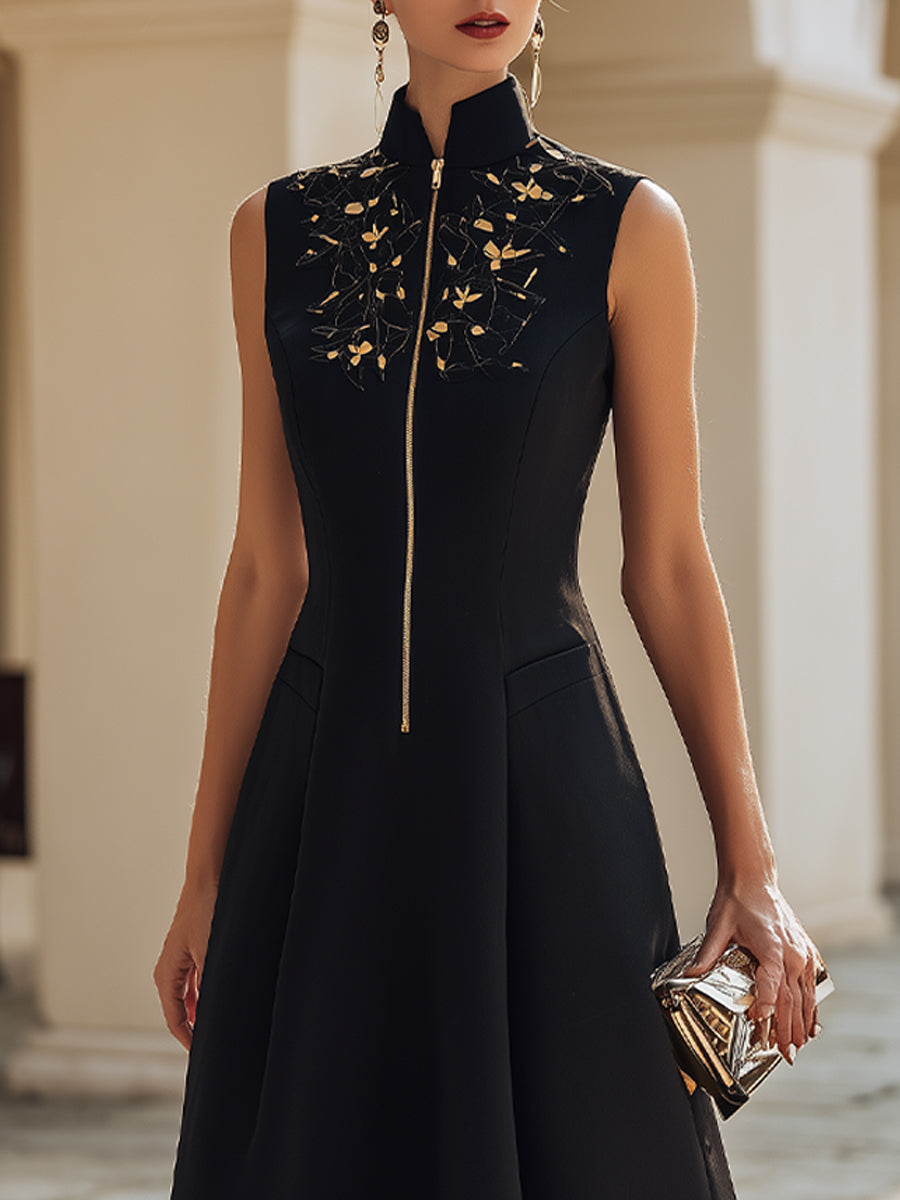 Embroidered Stand-Collar Zip-Front Midi Dress