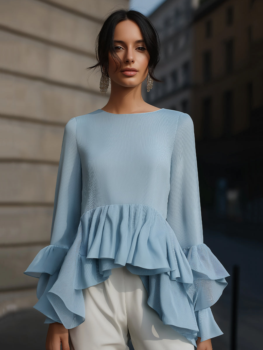 Elegant Sky Blue Peplum Blouse With Tiered Ruffle Hem And Flared Sleeves