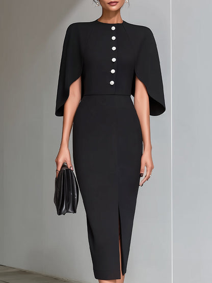 Black Cape-Sleeve Midi Sheath Dress