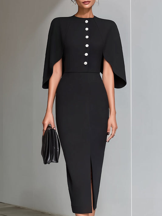 Black Cape-Sleeve Midi Sheath Dress