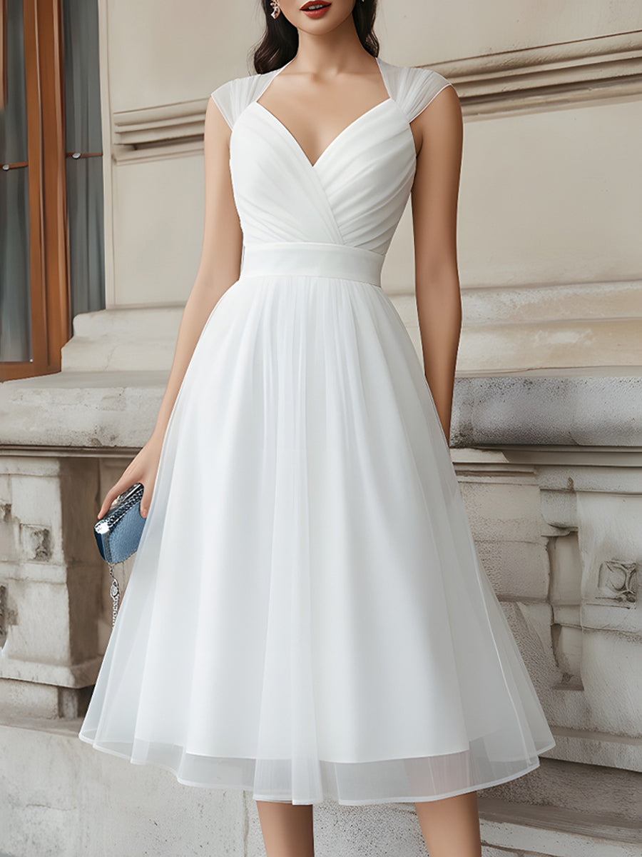 V-Neck Pleated Midi Dress With Cap Sleeves