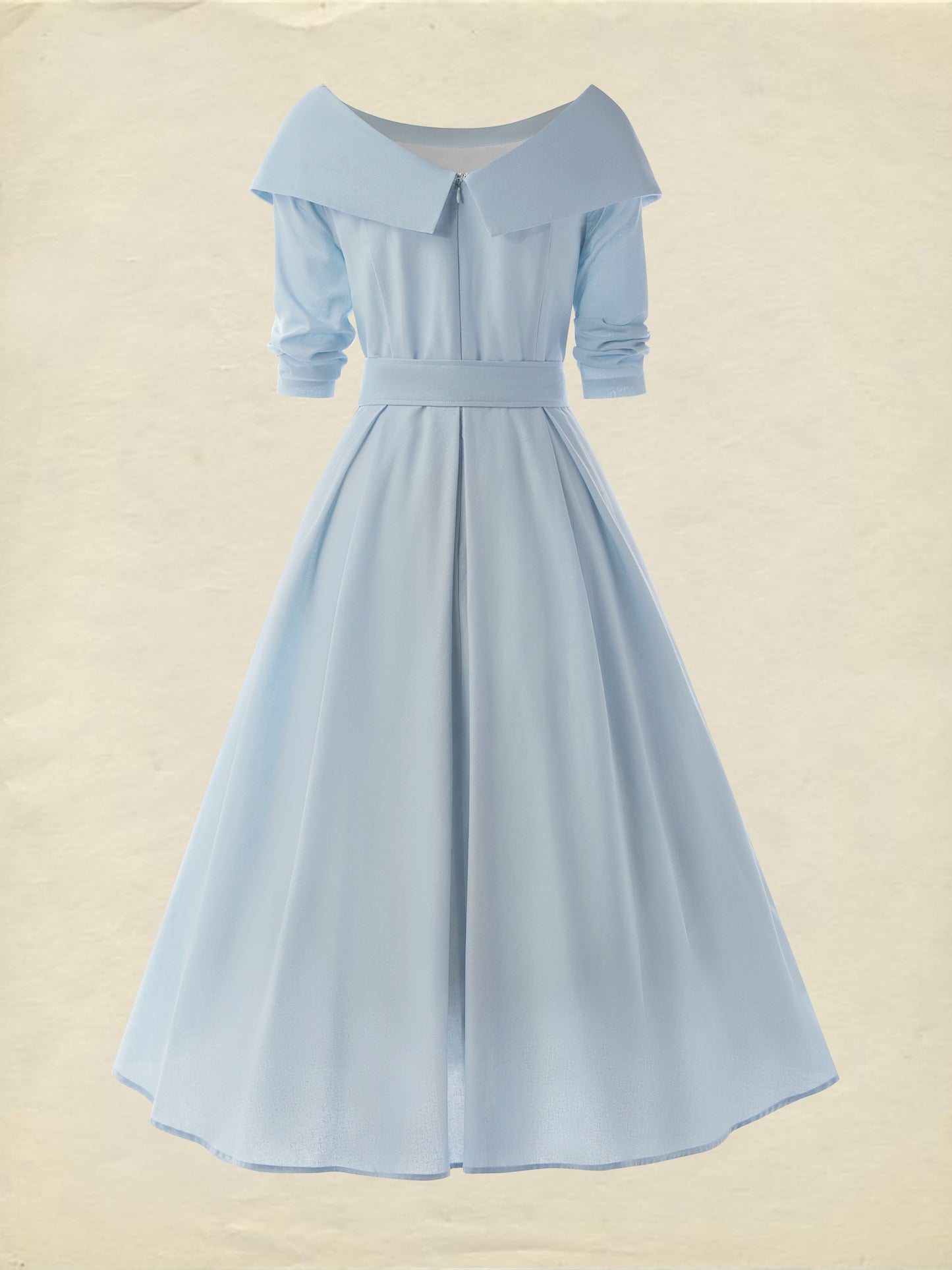 Midi Cotton Dress , Long Sleeves, Off Shoulder, Plain, Belt Design, French Vintage, Sky Blue