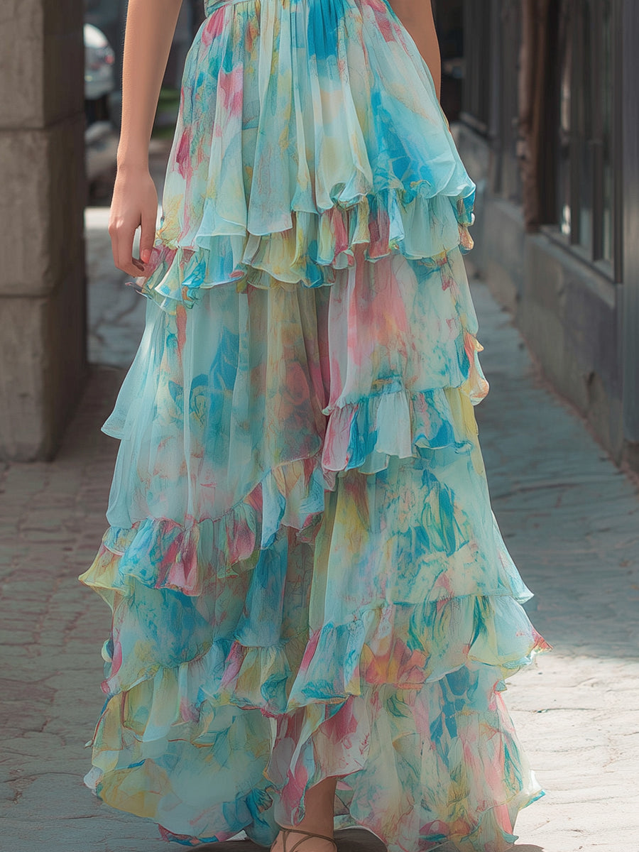 Strapless Watercolor Print Tiered Maxi Dress