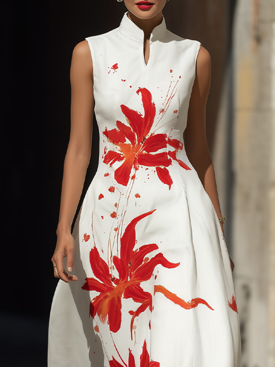 Modern Mandarin Collar Floral Maxi Dress ¨C Artistic Red Lily Print