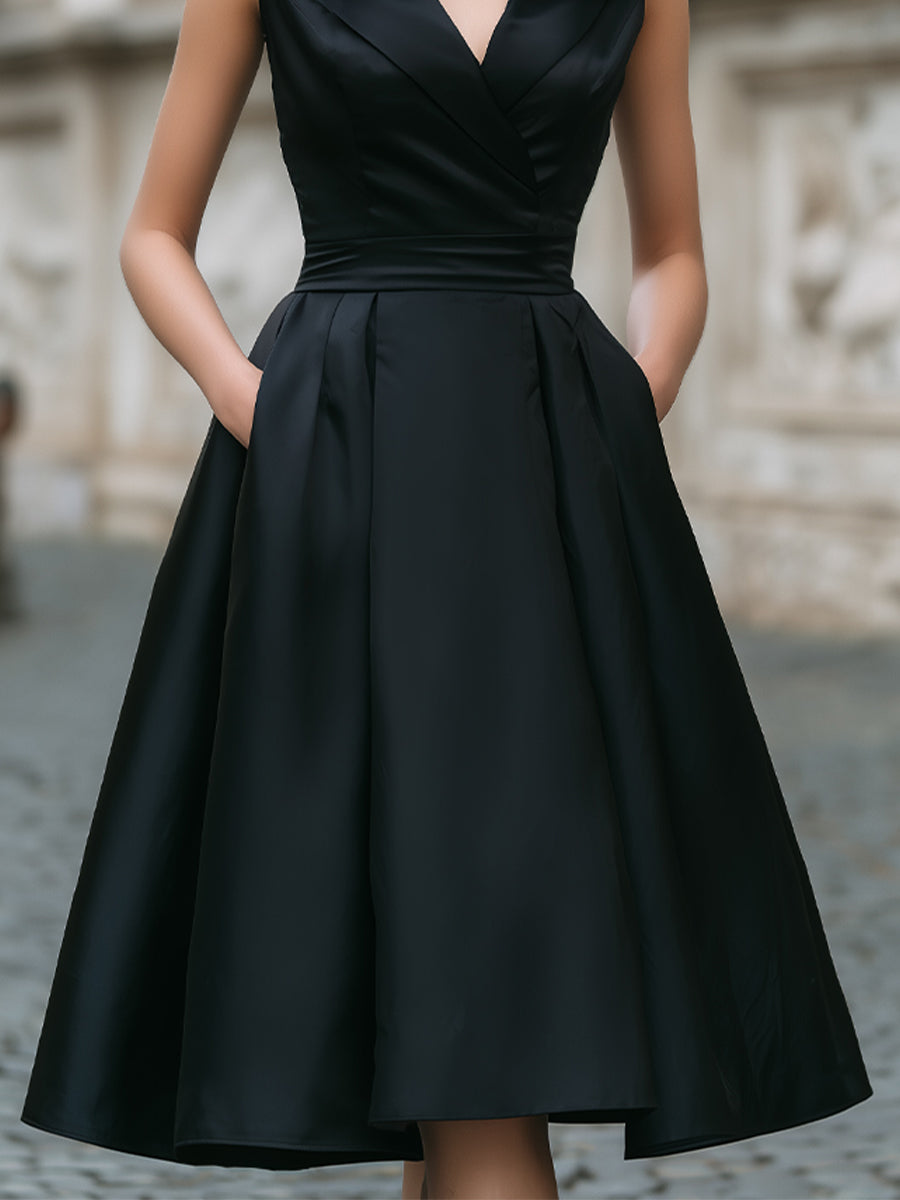 Elegant Sleeveless Wrap-Collar Midi Dress