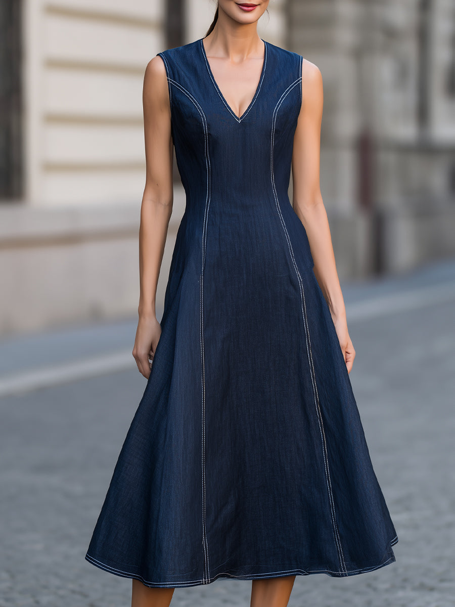 Denim V-Neck Fit-and-Flare Midi Dress