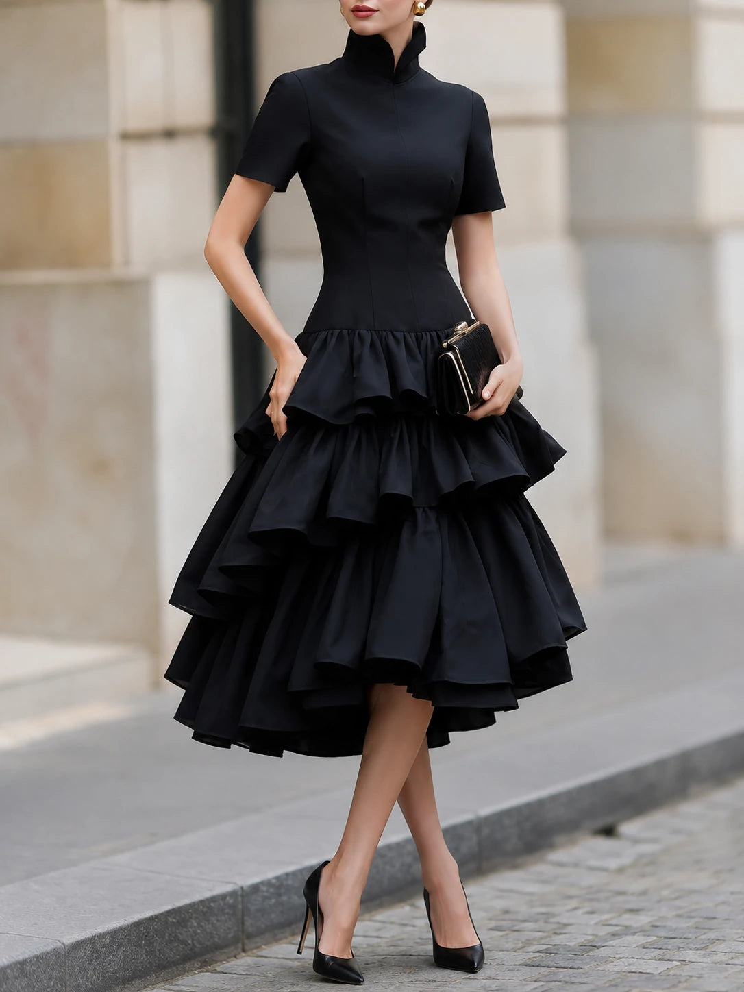 High Neck Tiered Ruffle Midi Dress