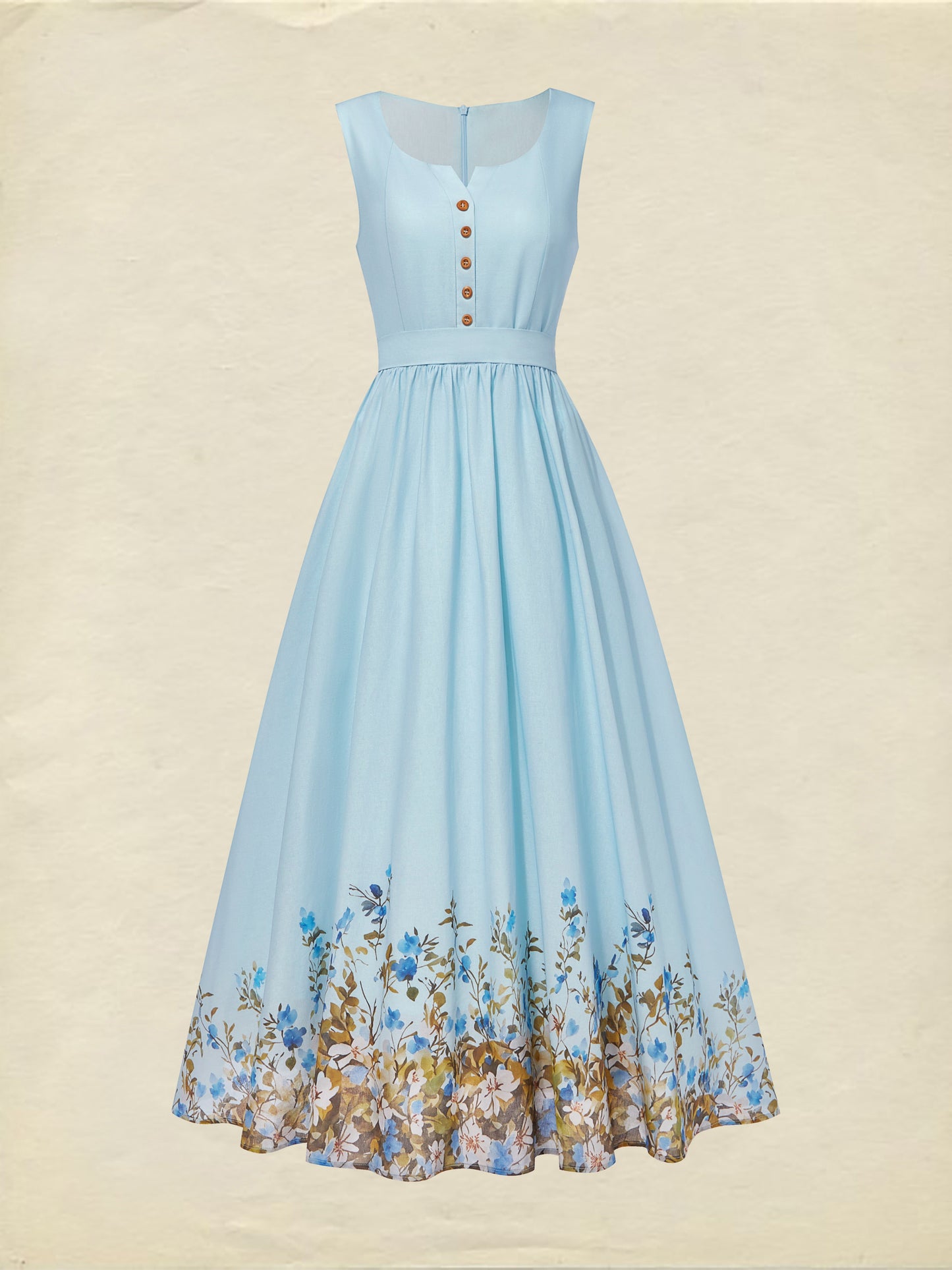 Maxi Linen Dress , Sleeveless, Round Neck, Floral, Button Design, French Vintage, Sky Blue