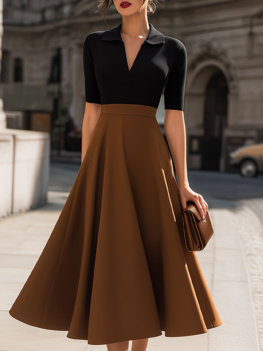 Black & Camel Polo Collar Fit-and-Flare Midi Dress