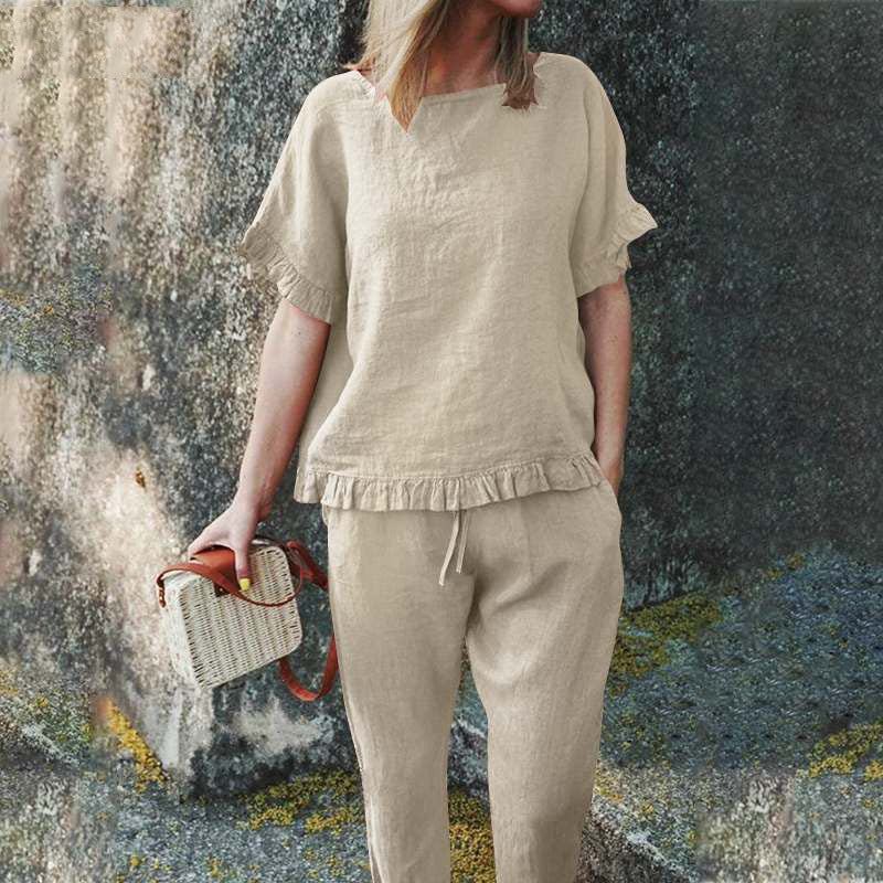 Plus Size Cotton and linen short sleeve top + trousers loose fitting suit