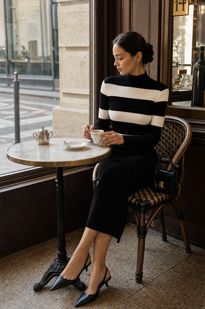 Contrast Stripe Ribbed Knit Mock Neck Midi Dress