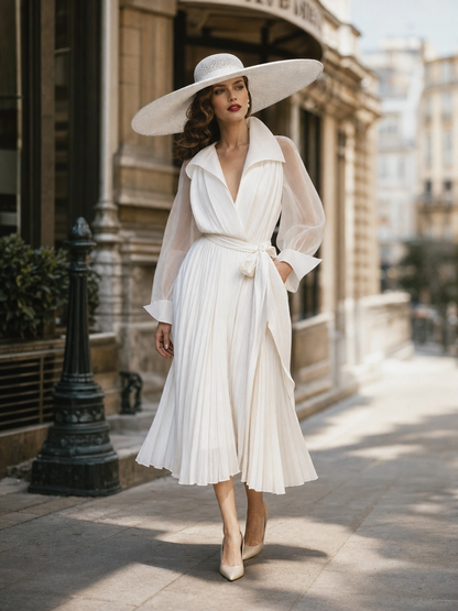 Vintage French White Wrap V-neck Belted Midi Dress