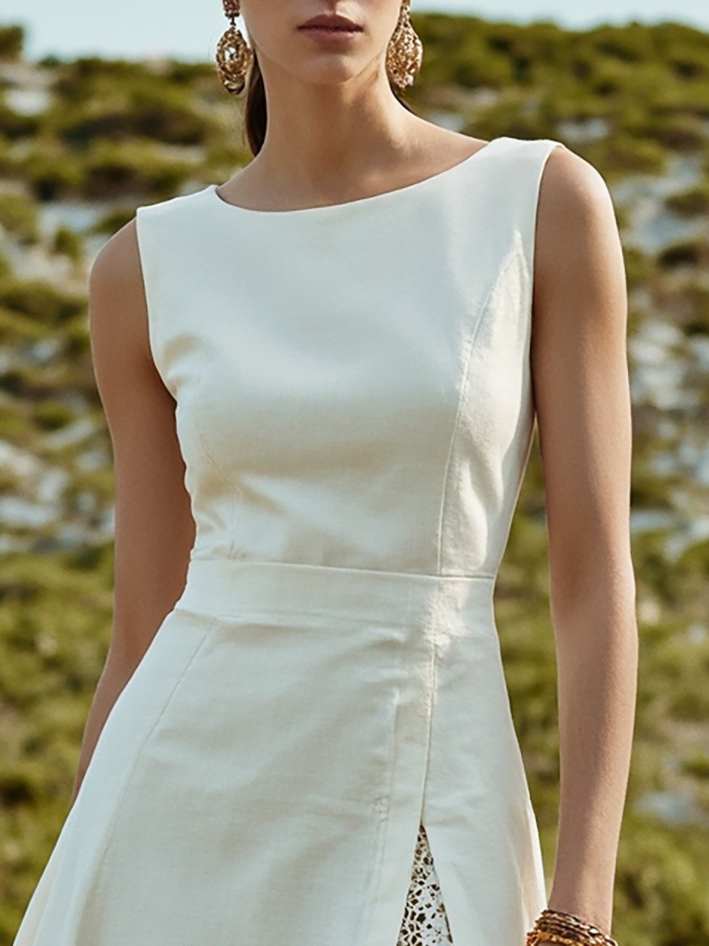 Midi Linen Dress , Sleeveless, Round Neck, Plain, Lace, French Vintage, White