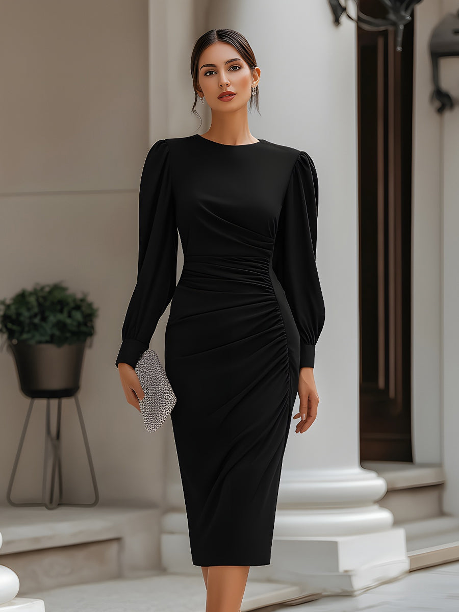Ruched Waist Puff Sleeve Midi Dress