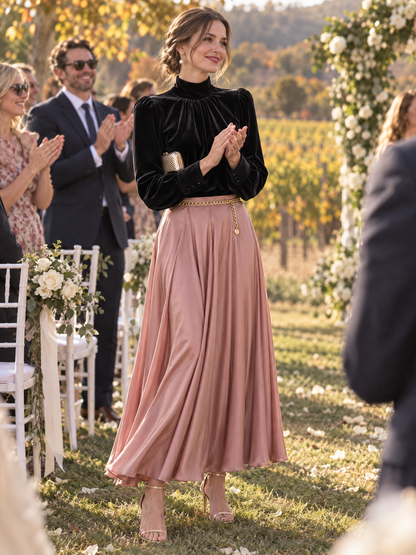 Velvet Mock Neck Gathered Puff Sleeve Blouse