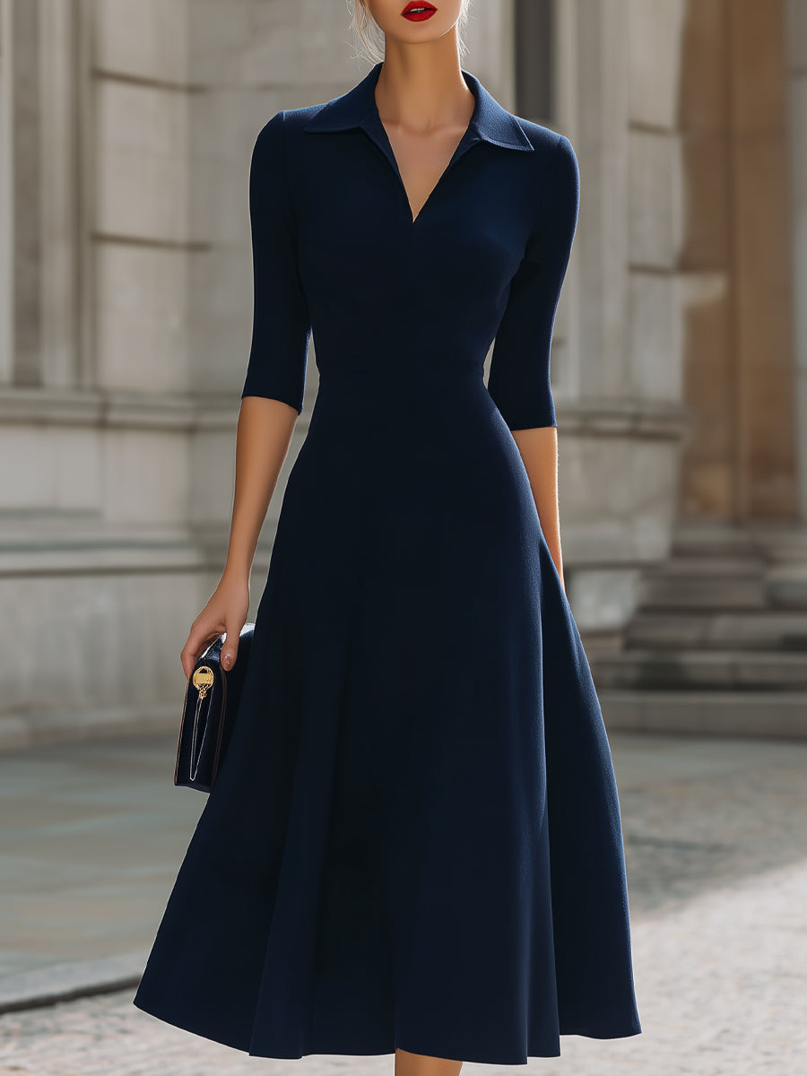 Refined Navy Polo Collar Fit-and-Flare Midi Dress