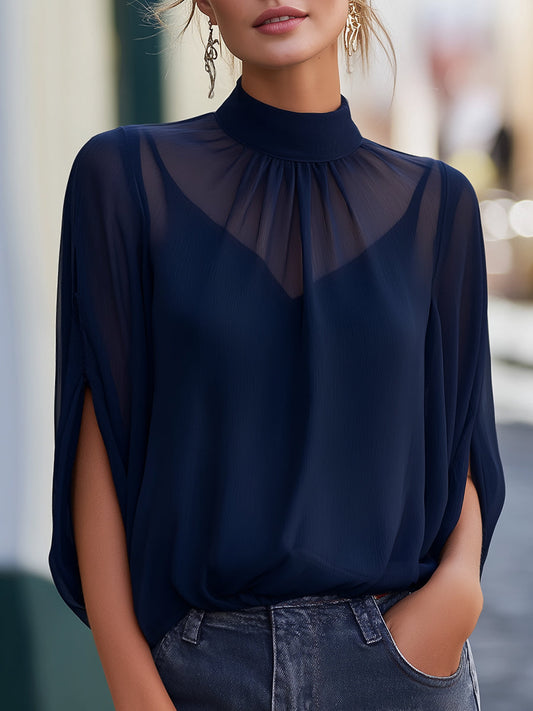 Sheer High-Neck Chiffon Blouse With Soft Pleated Yoke