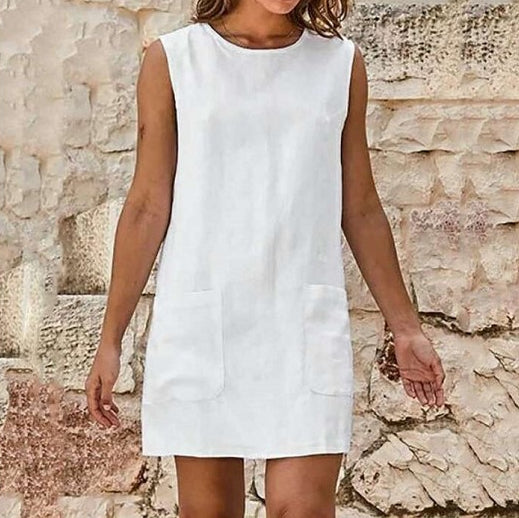 Patch Pocket Sleeveless Slim-Fit Solid Linen Dress