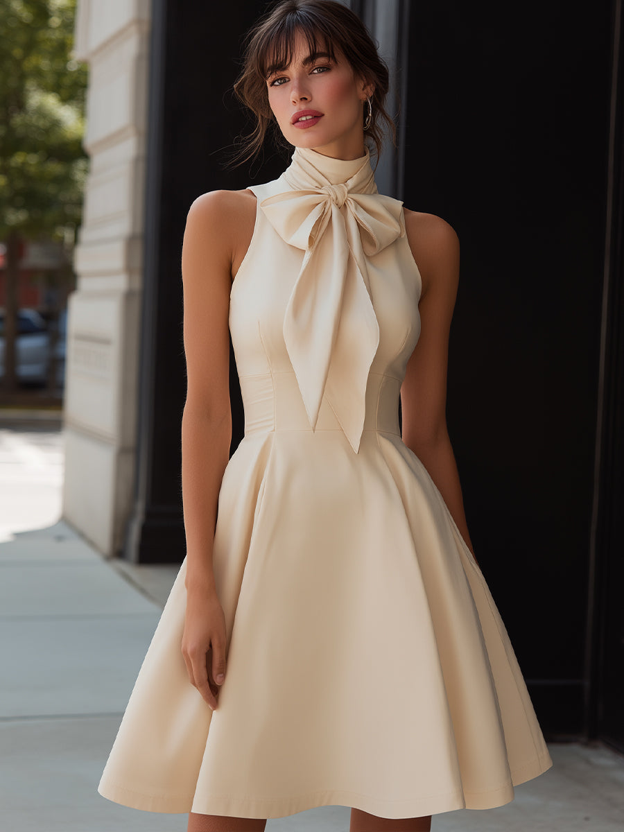 Sleeveless Midi Dress With High-Neck Bow Detail