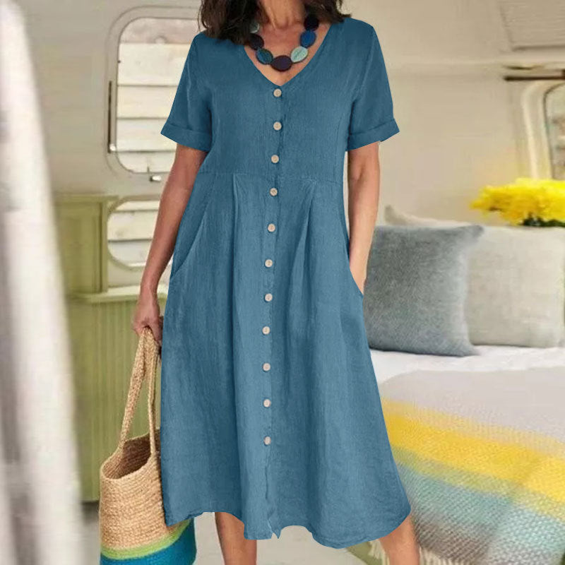 Plus Size Solid Color Loose High Waist Cotton and Linen Dress