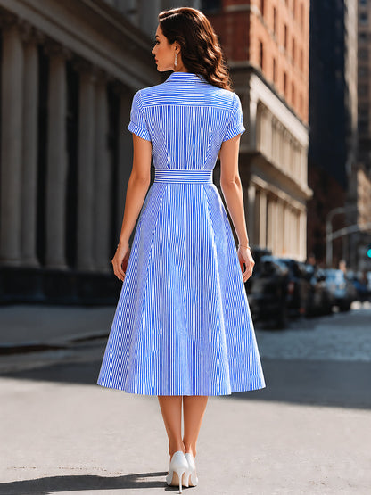 Striped Shirt Collar Fit-and-Flare Midi Dress